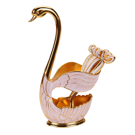Gilded Enamel Swan Utensil Caddy Curio Set