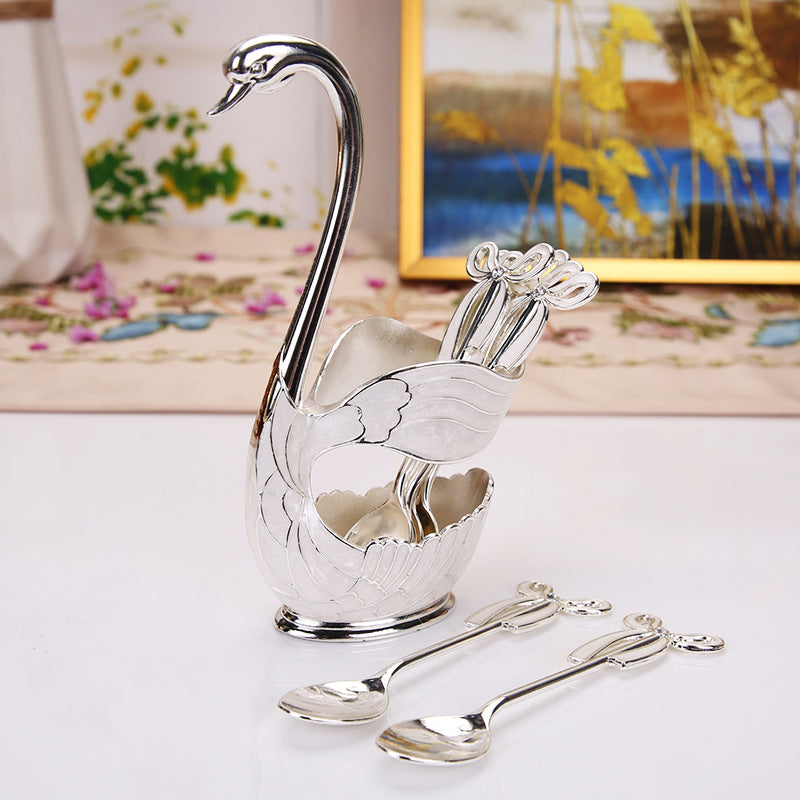 Gilded Enamel Swan Utensil Caddy Curio Set