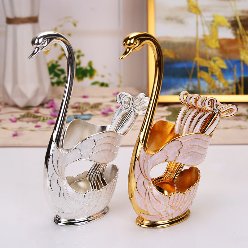 Gilded Enamel Swan Utensil Caddy Curio Set