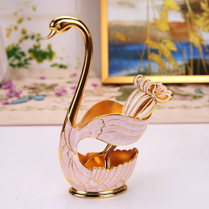 Gilded Enamel Swan Utensil Caddy Curio Set
