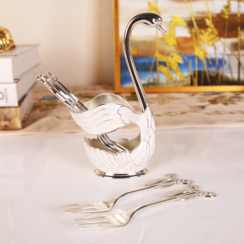 Gilded Enamel Swan Utensil Caddy Curio Set