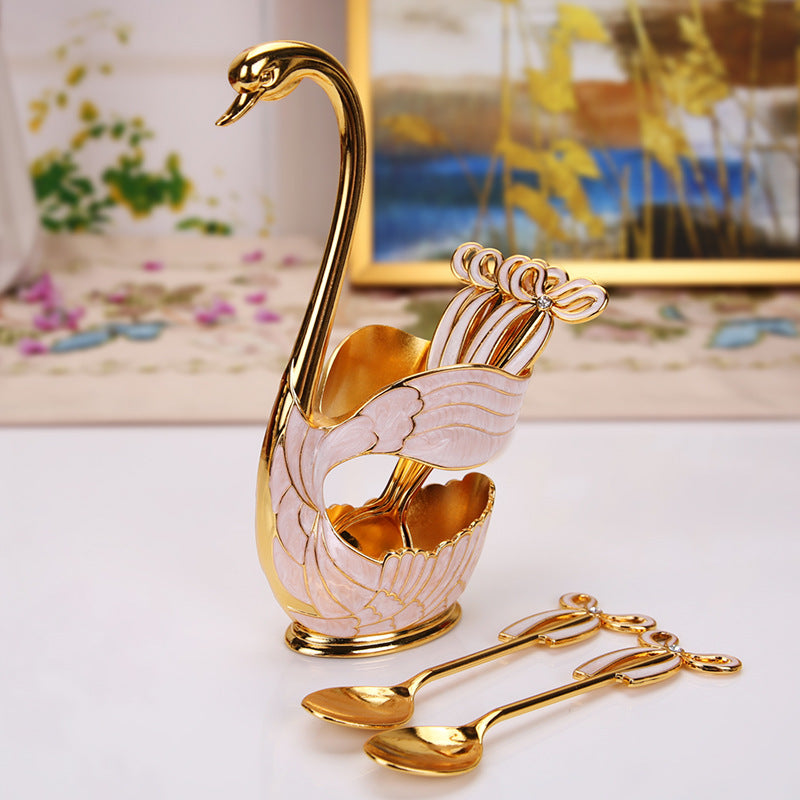 Gilded Enamel Swan Utensil Caddy Curio Set