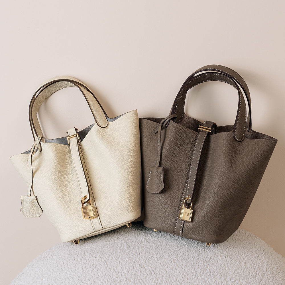 Padlock Accent Grained Leather Bucket Tote