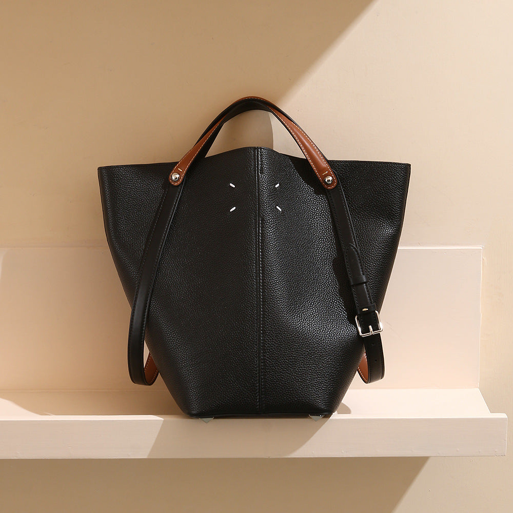 Large Capacity Leather Commuter Bucket Bag