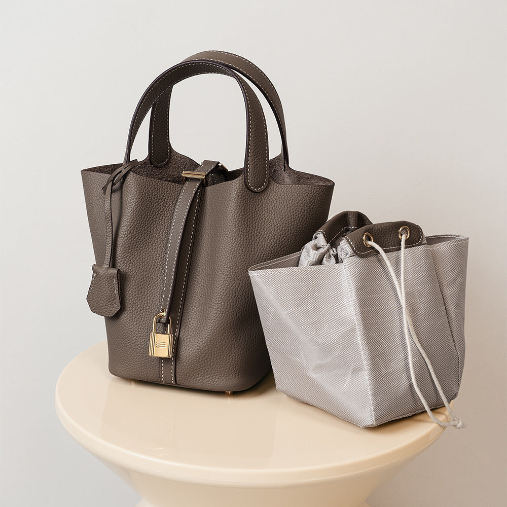 Padlock Accent Grained Leather Bucket Tote