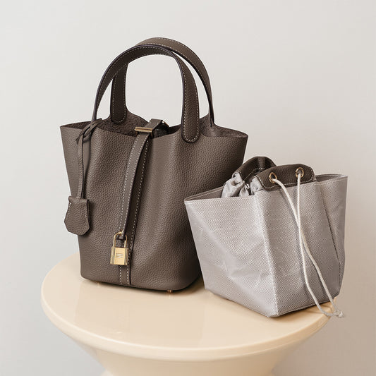 Padlock Accent Grained Leather Bucket Tote