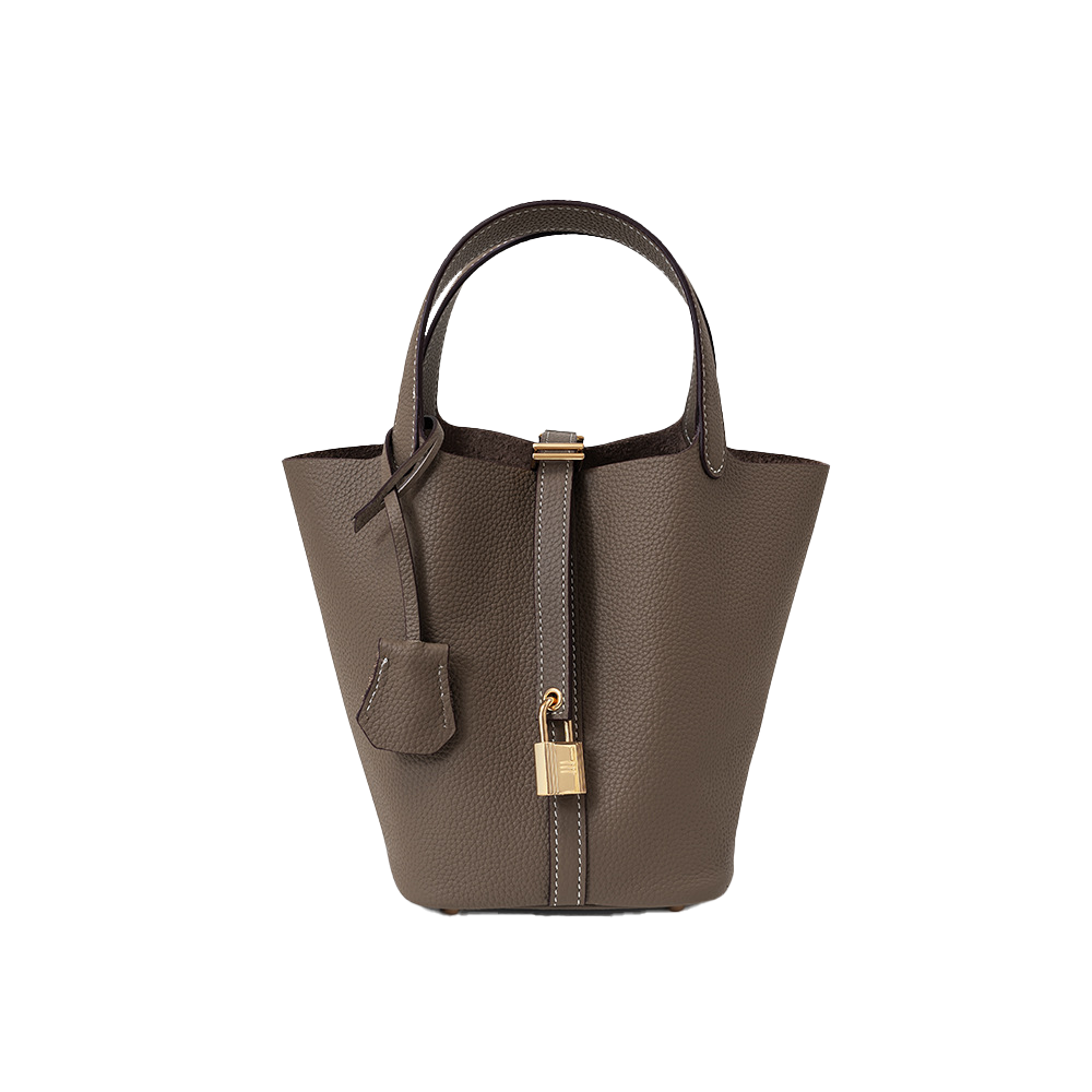 Padlock Accent Grained Leather Bucket Tote