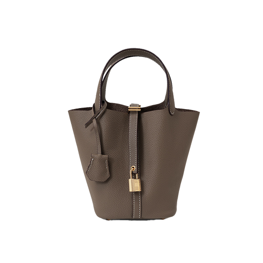 Padlock Accent Grained Leather Bucket Tote