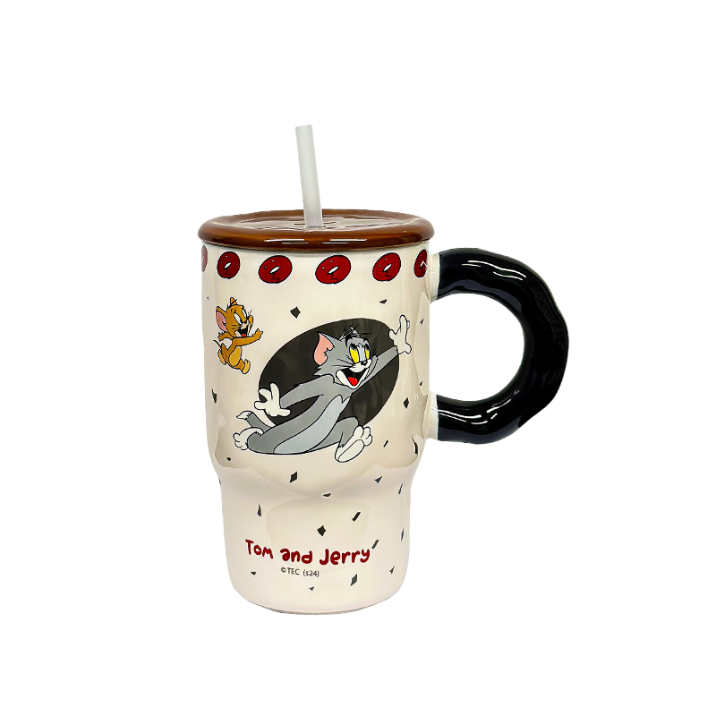 Tom & Jerry Cartoon Coffee Mug with Lid & Straw