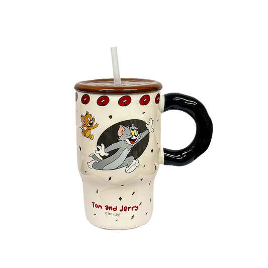 Tom & Jerry Cartoon Coffee Mug with Lid & Straw