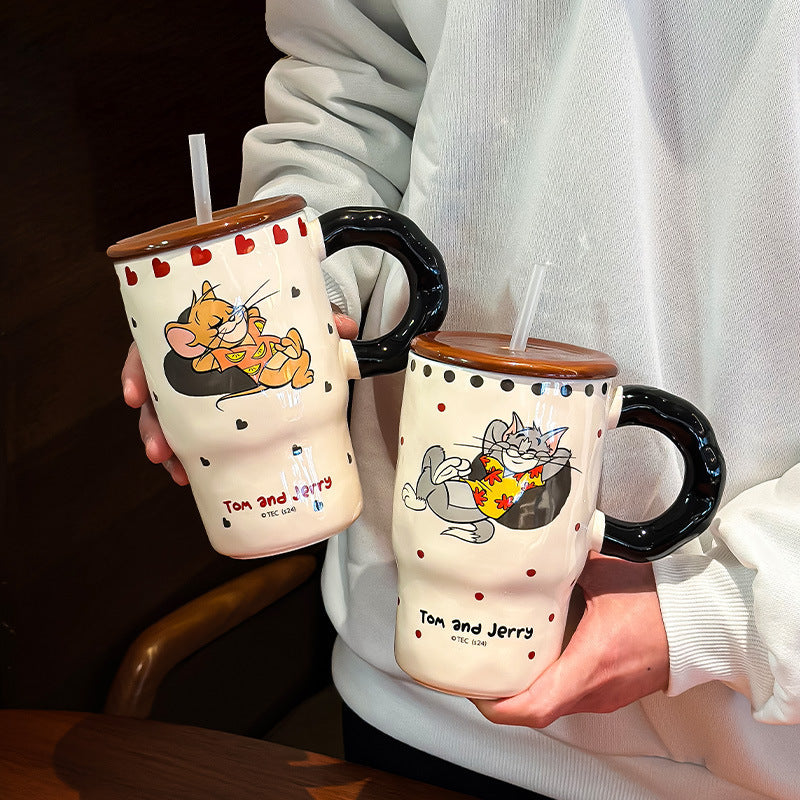 Tom & Jerry Cartoon Coffee Mug with Lid & Straw