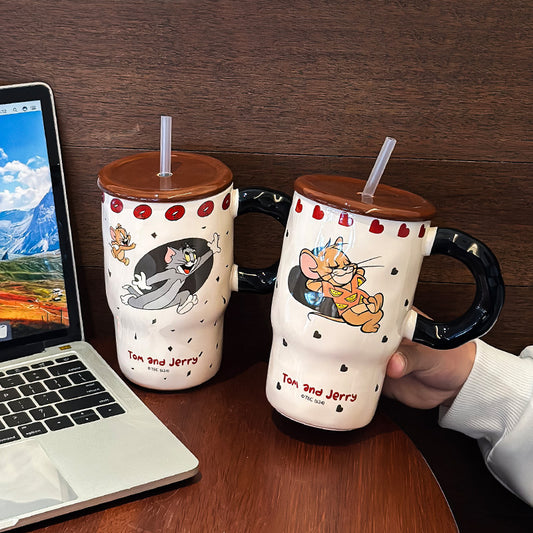 Tom & Jerry Cartoon Coffee Mug with Lid & Straw