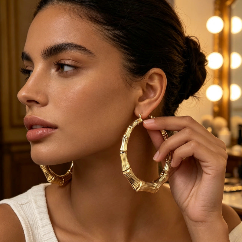 Oversized Bamboo Hoop Earrings Set
