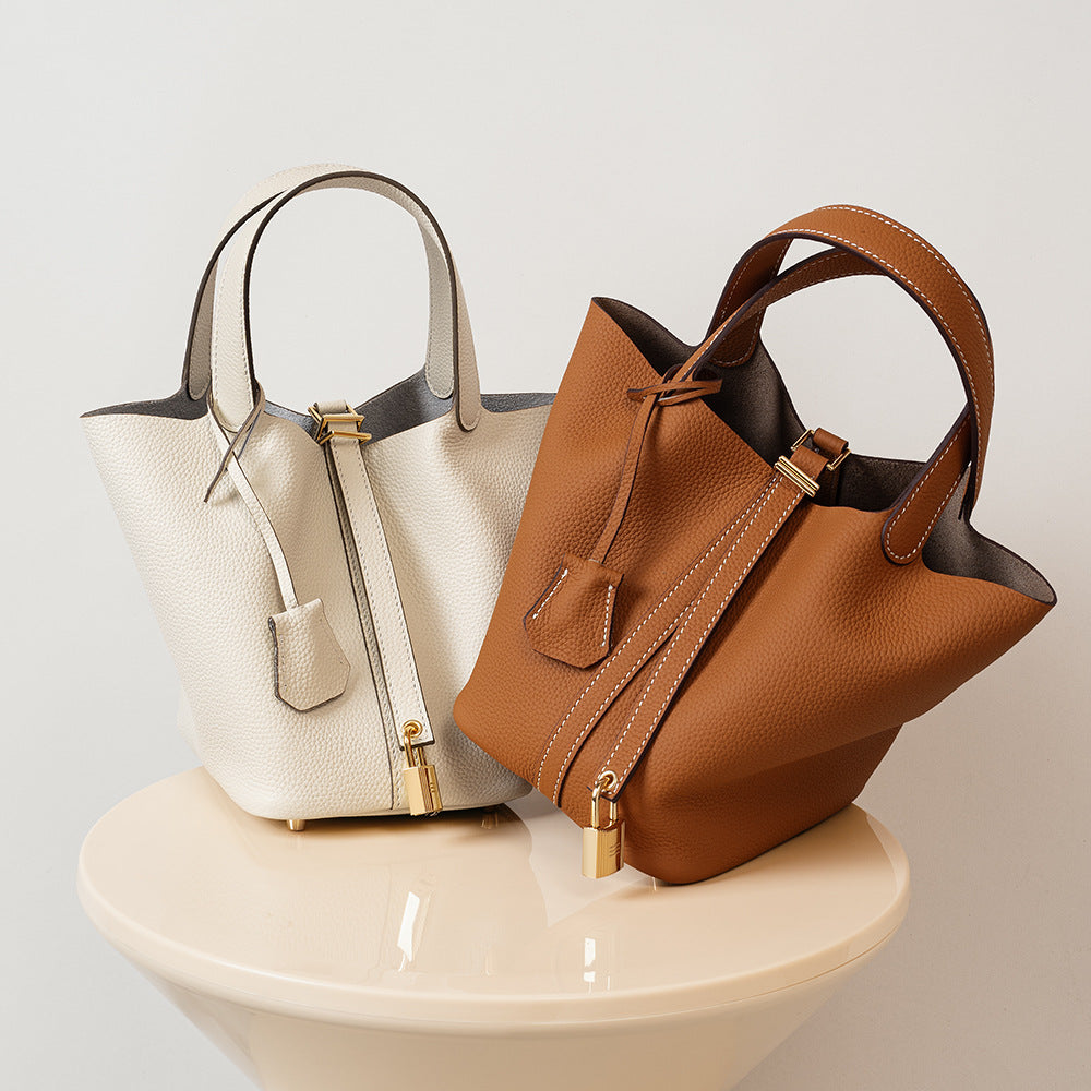 Padlock Accent Grained Leather Bucket Tote