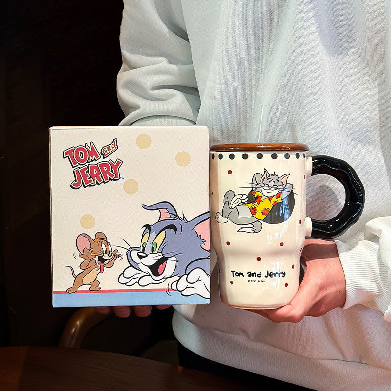 Tom & Jerry Cartoon Coffee Mug with Lid & Straw